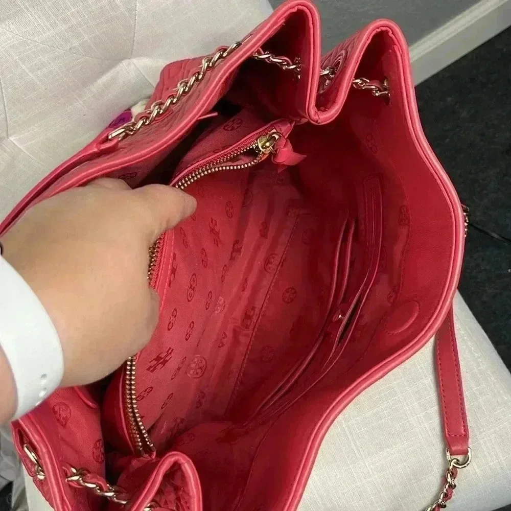 Tory Burch Marion Quilted Chain Slouchy Tote In Peony Bag Purse Chain Coral Pink - Picture 7 of 16